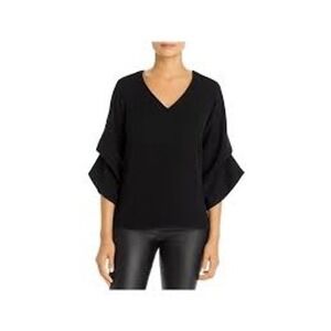 Snider Black V-Neck Blouse Architectural 3/4 Sleeve Minimalist Top Womens Medium